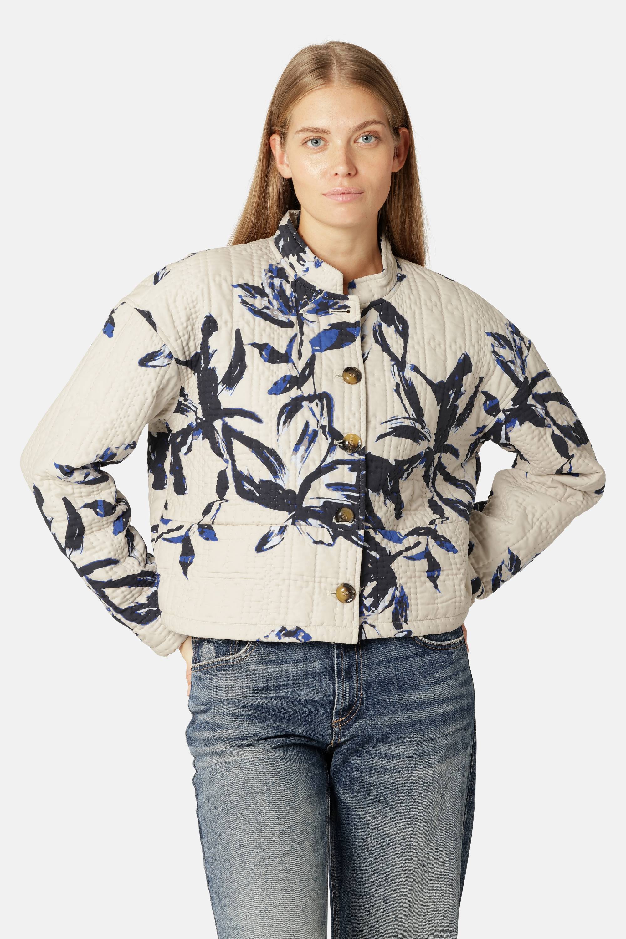 Kort Quiltet Jakke - Beige Artsy Stroke Flower